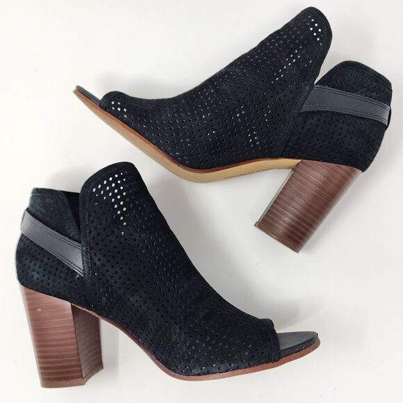 Sam Edelman Bootie Women 9M Easton Black Suede Perforated Stacked Heel Peep Toe - Picture 7 of 10